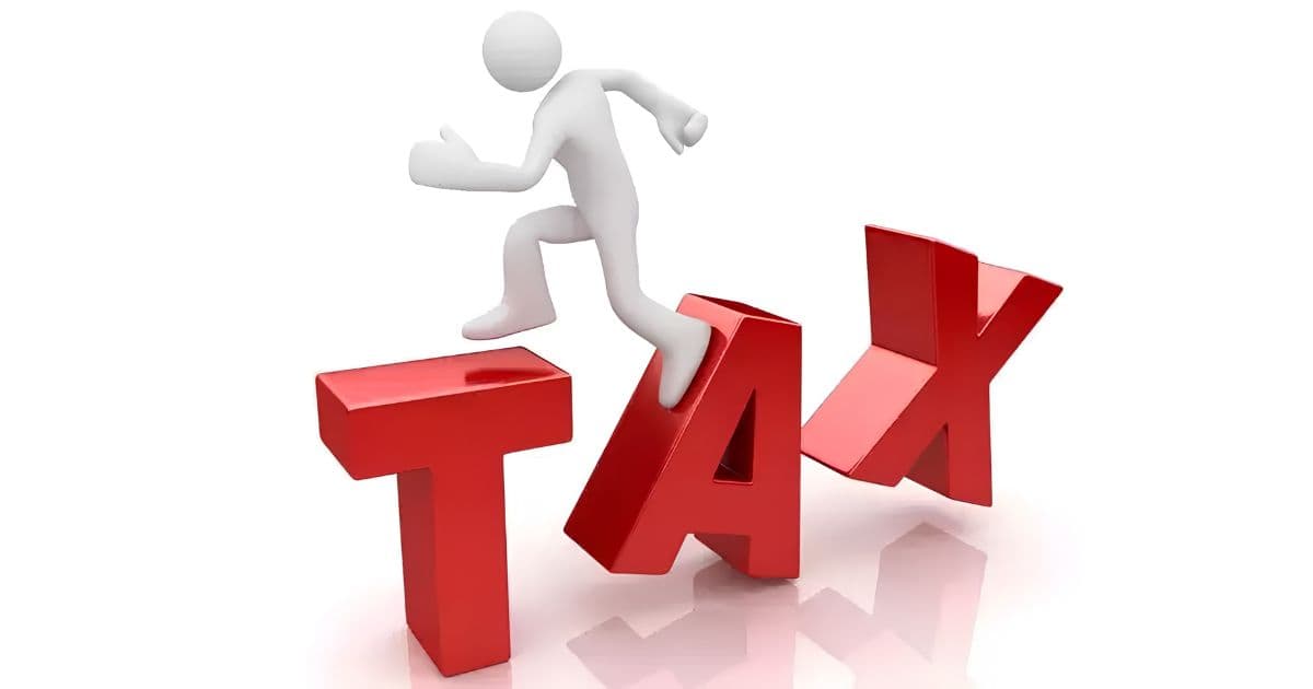Illustration of a Figure Climbing Over Red Tax Letters