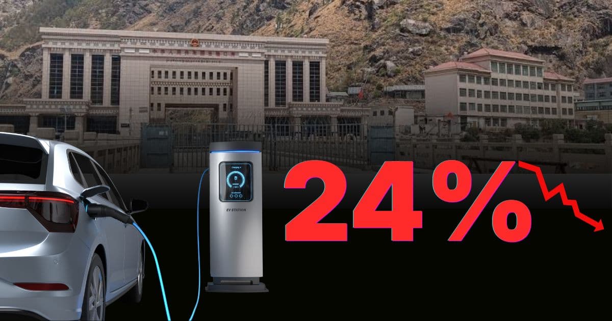 Graphic of a 24% Drop in EV Imports With a Charging Electric Car and a Border Port