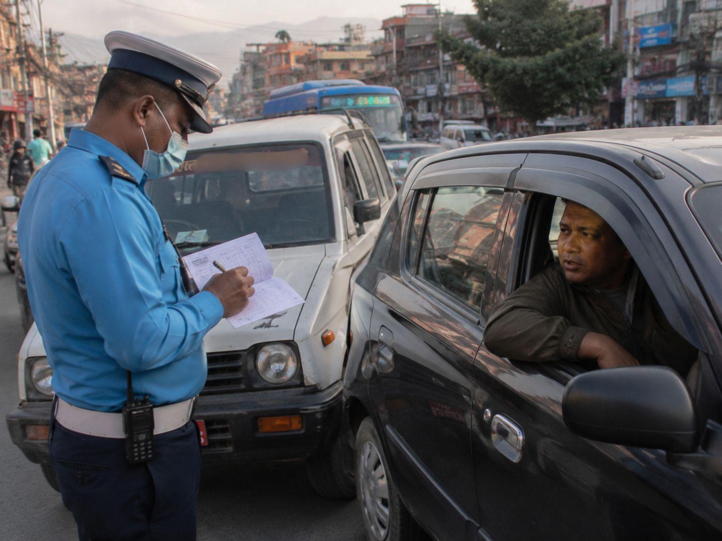 Traffic Police Officer Writing a Ticket While a Driver Waits